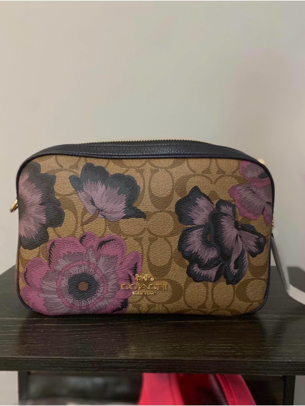 Coach Brown Signature Canvas Crossbody with Pink Floral Print